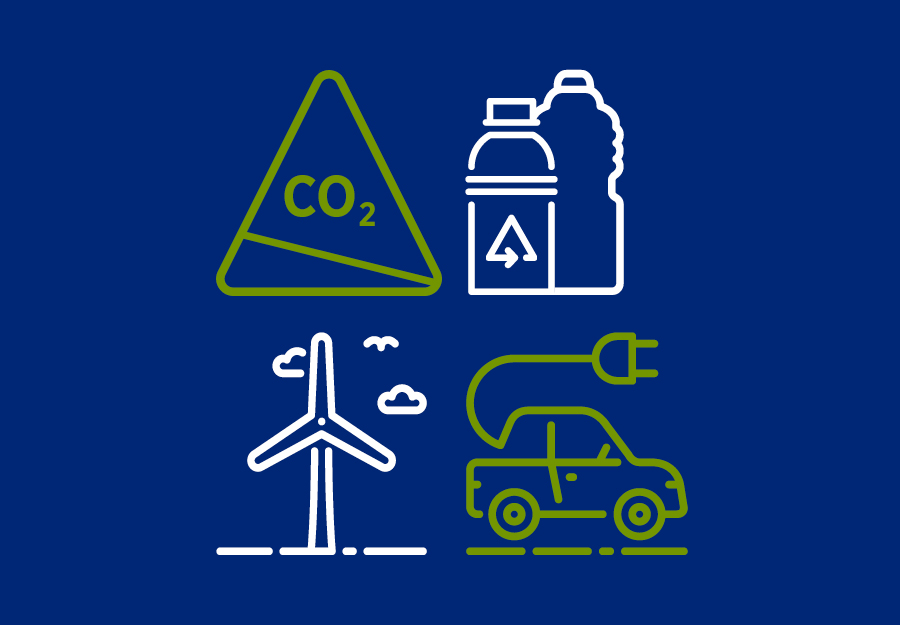 The first graph shows the specific sign of carbon dioxide, the second suggests plastic recycling, the third shows a wind turbine producing renewable energy, and the last is an electric car.